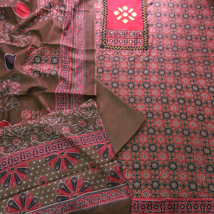 Mayuri Maroon Wine Mirror Patch Ajrakh Printed Cotton Set