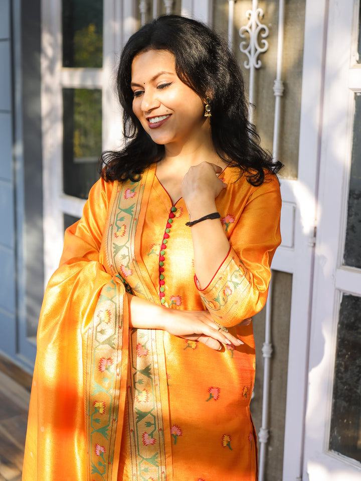 Pranda Orange Jamdani Jacquard Weaved Paithani Inspired Tussar Silk 3 Piece Set