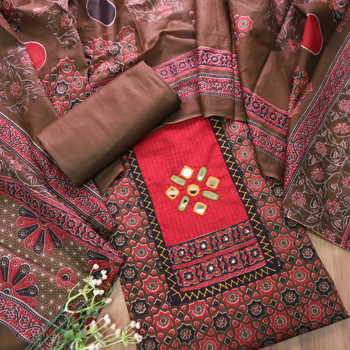 Mayuri Maroon Wine Mirror Patch Ajrakh Printed Cotton Set