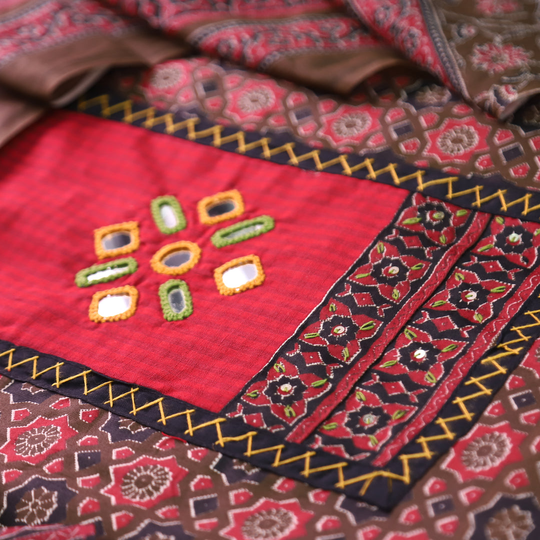 Mayuri Maroon Wine Mirror Patch Ajrakh Printed Cotton Set
