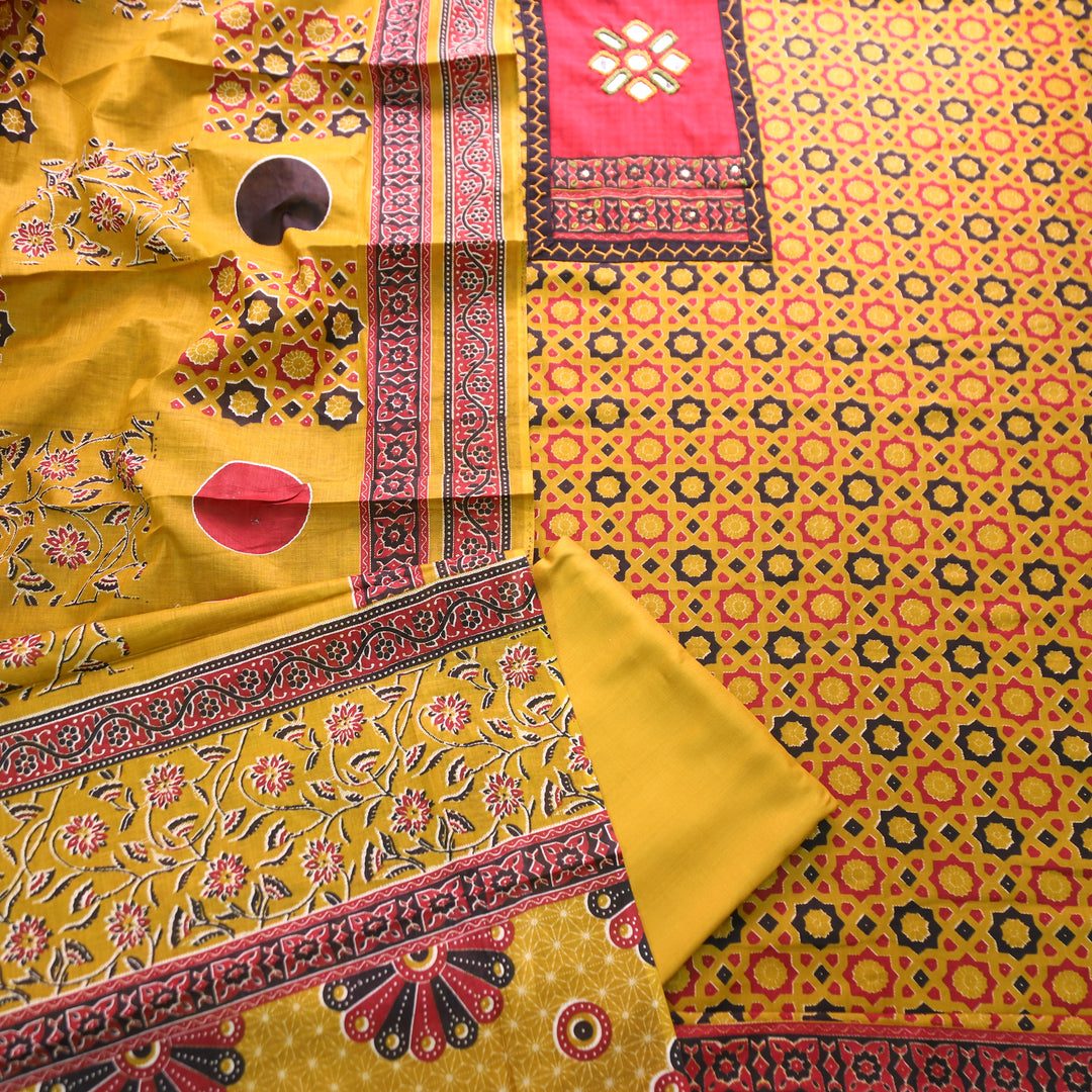 Mayuri Dijon Yellow Mirror Patch Ajrakh Printed Cotton Set