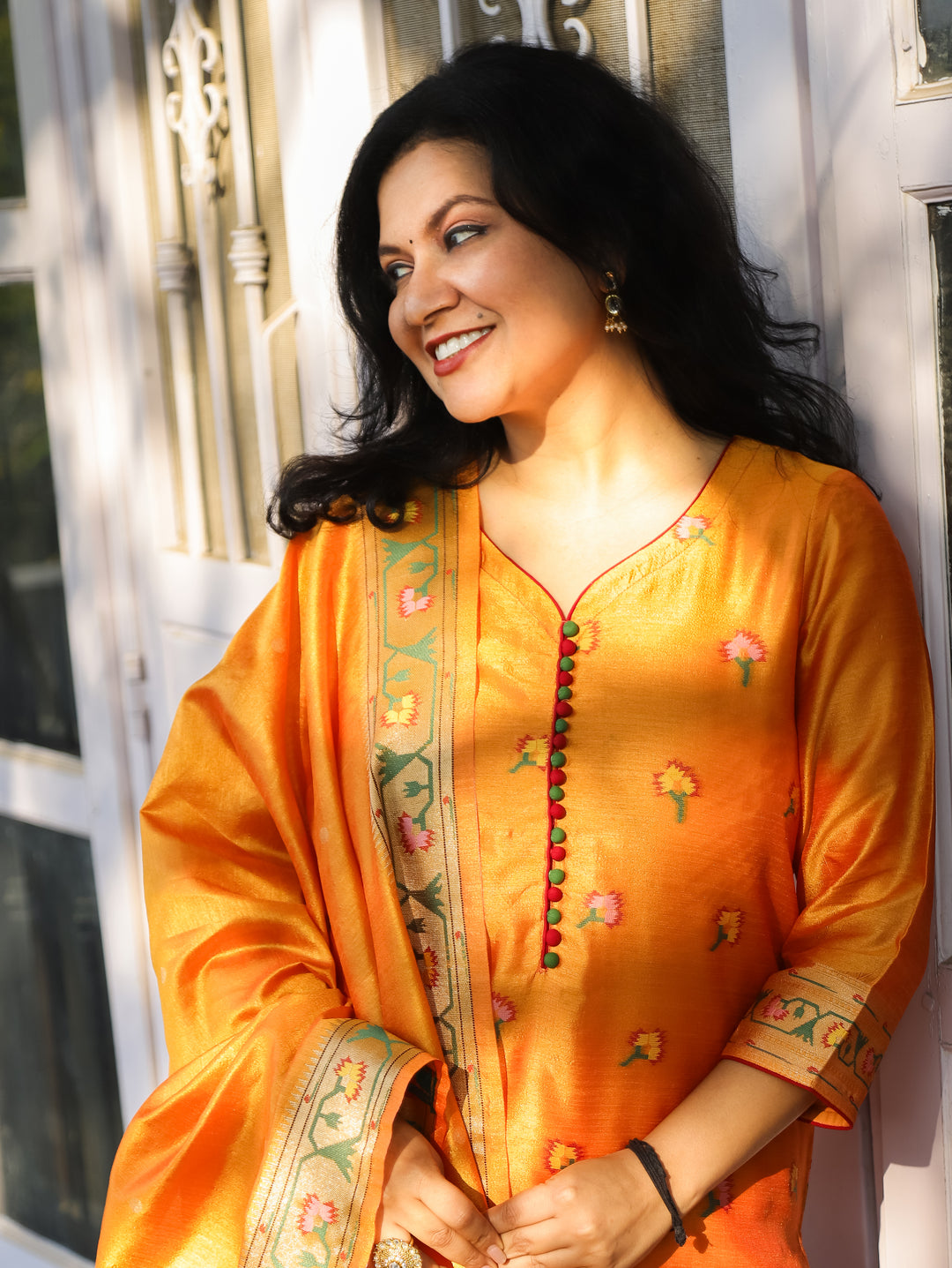 Pranda Orange Jamdani Jacquard Weaved Paithani Inspired Tussar Silk 3 Piece Set