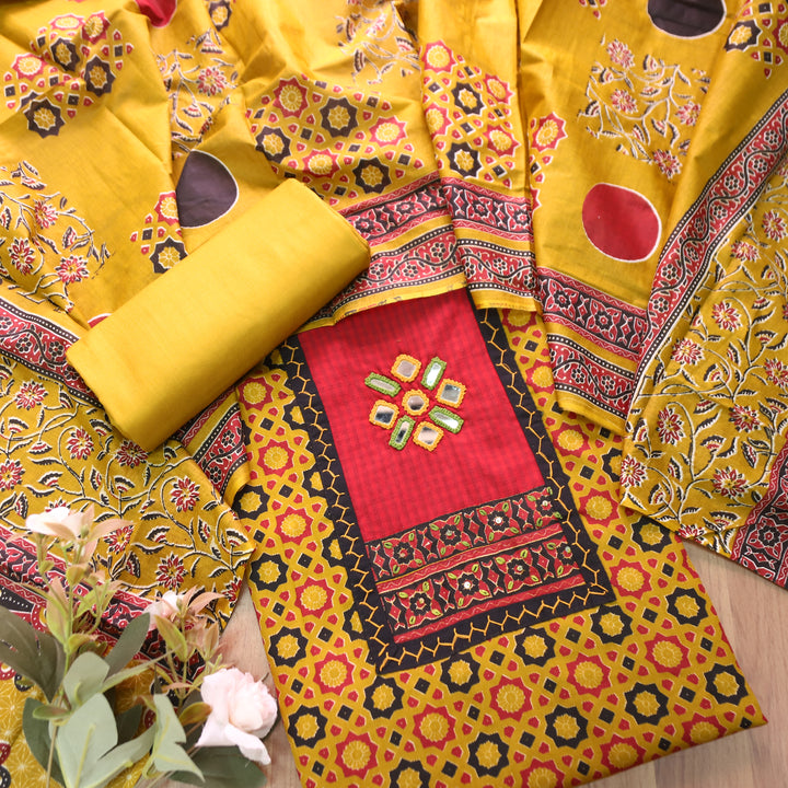 Mayuri Dijon Yellow Mirror Patch Ajrakh Printed Cotton Set