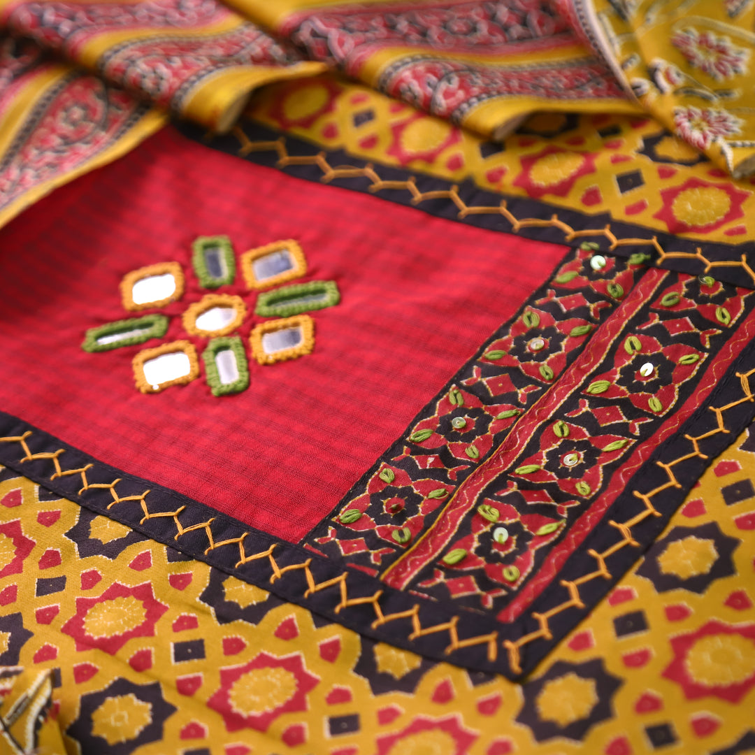 Mayuri Dijon Yellow Mirror Patch Ajrakh Printed Cotton Set
