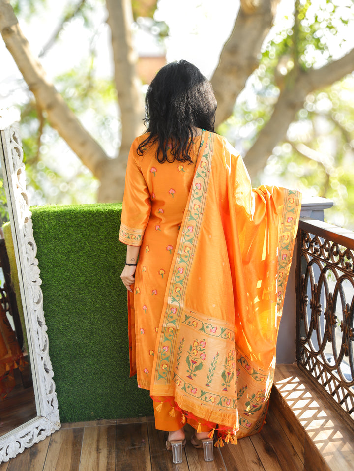 Pranda Orange Jamdani Jacquard Weaved Paithani Inspired Tussar Silk 3 Piece Set
