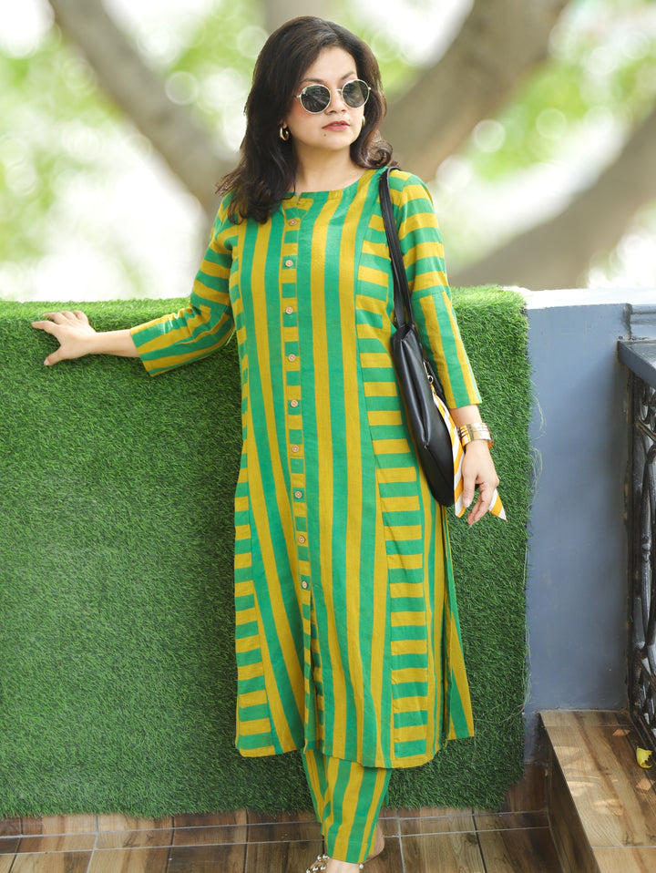 Anjali Neon Green Natural Ajrakh Print Button Down Panel 2 Piece Set