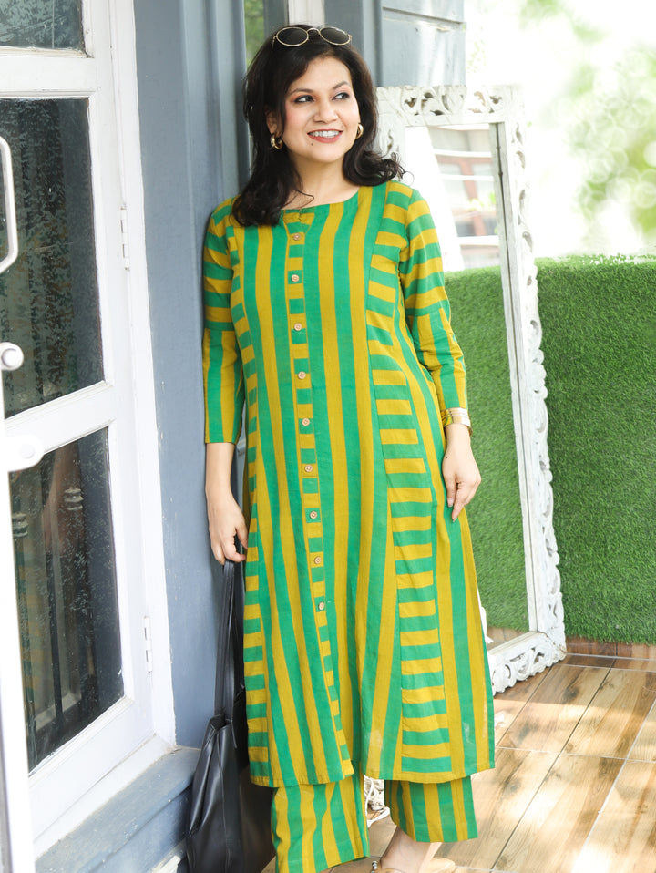 Anjali Neon Green Natural Ajrakh Print Button Down Panel 2 Piece Set
