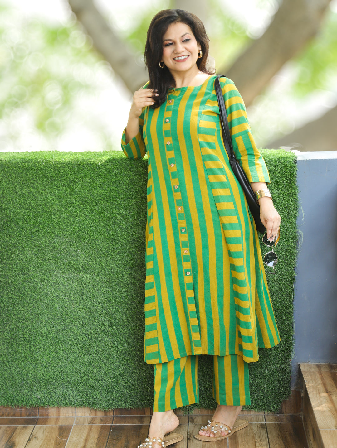 Anjali Neon Green Natural Ajrakh Print Button Down Panel 2 Piece Set
