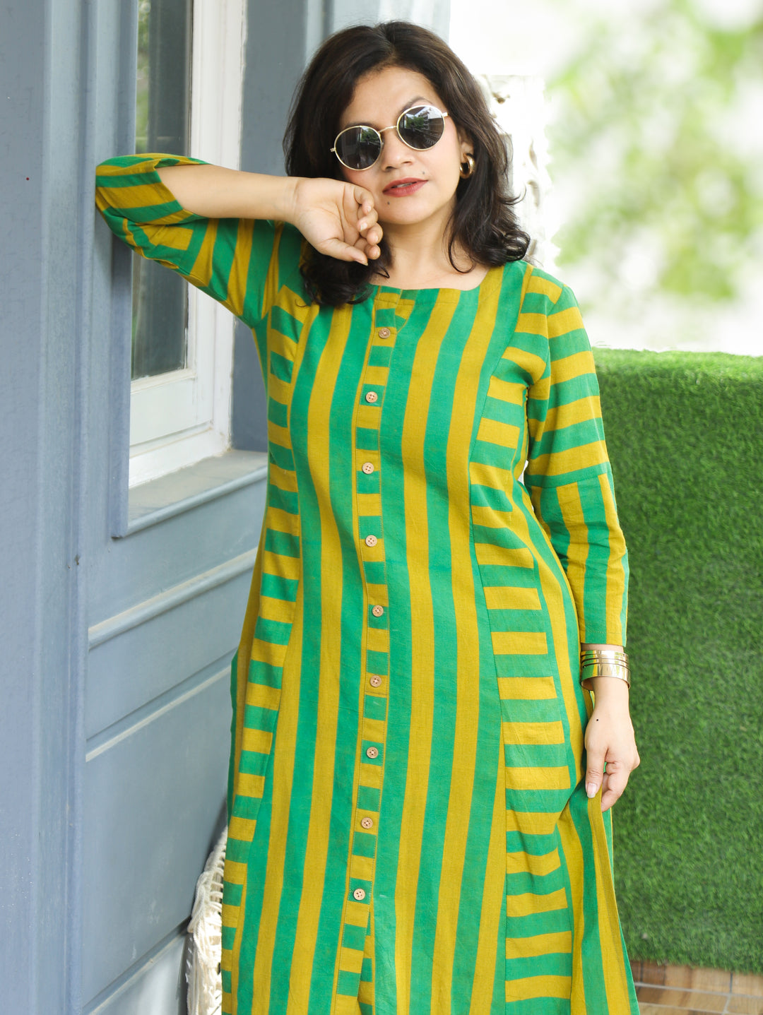 Anjali Neon Green Natural Ajrakh Print Button Down Panel 2 Piece Set