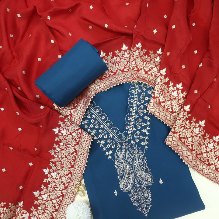 Bekhudi Stone Blue V Neck Dola Silk Top with Dola Silk Dupatta