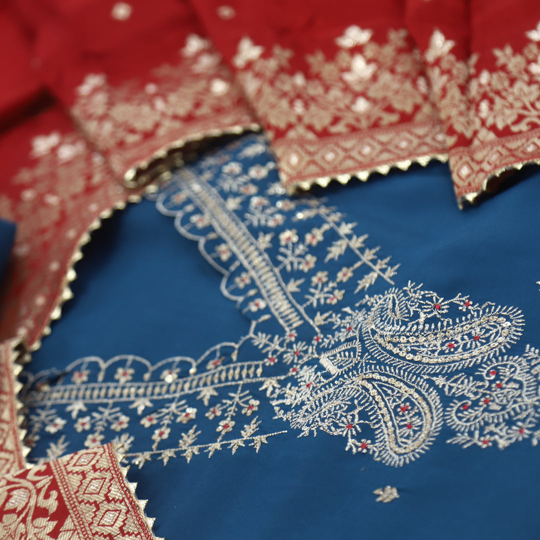 Bekhudi Stone Blue V Neck Dola Silk Top with Dola Silk Dupatta