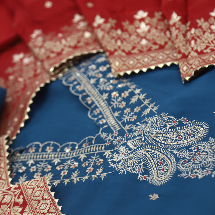 Bekhudi Stone Blue V Neck Dola Silk Top with Dola Silk Dupatta
