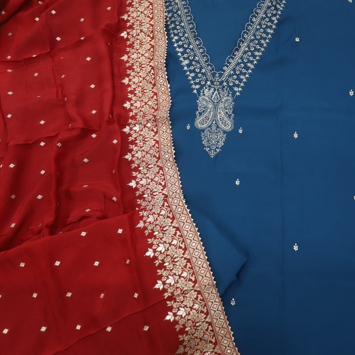 Bekhudi Stone Blue V Neck Dola Silk Top with Dola Silk Dupatta