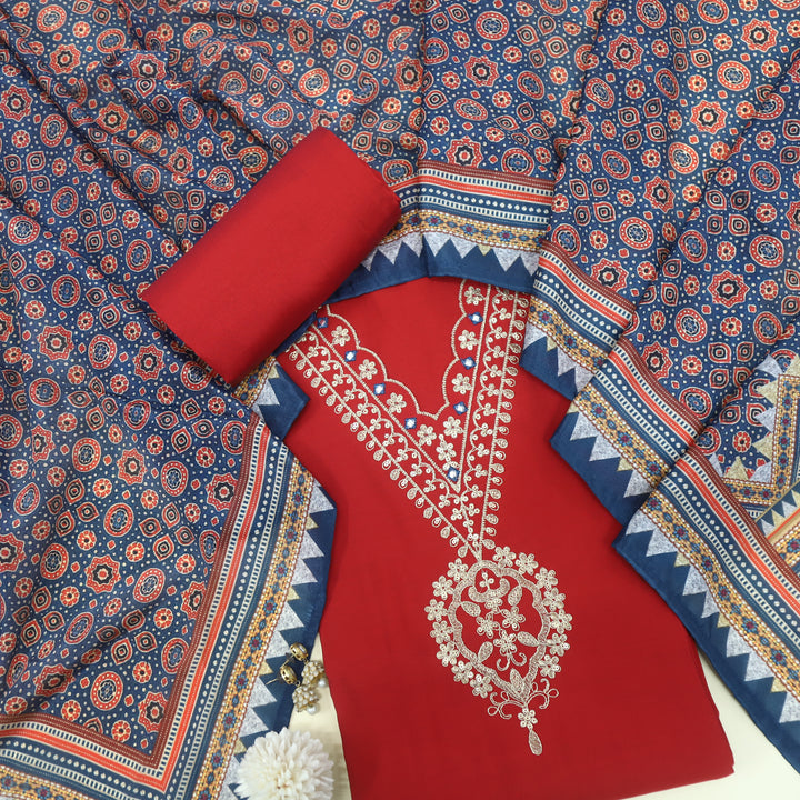 Takalluf Cherry Red V Neck Modal Top with Printed Crispy Chiffon Dupatta