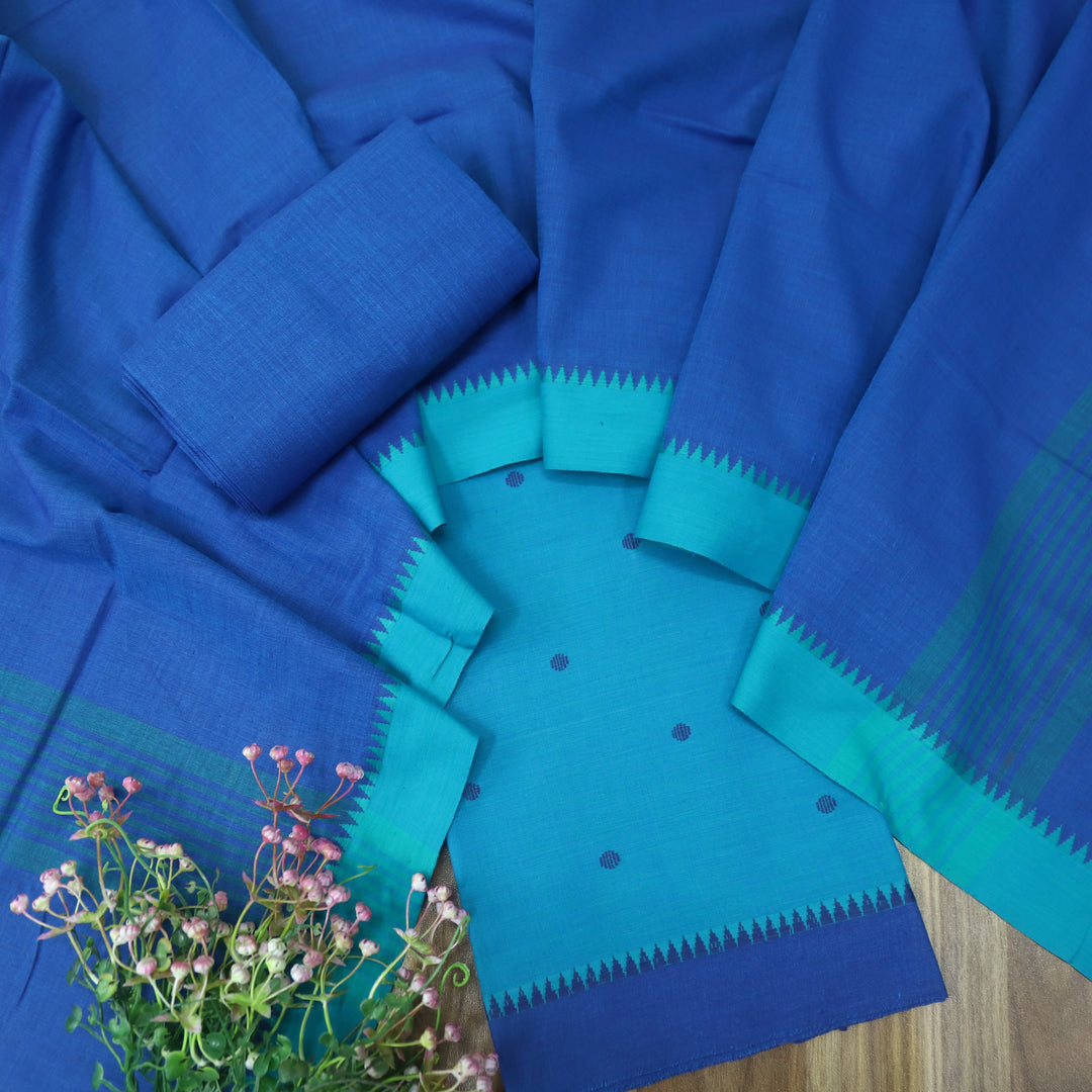 Chaahat Cerulean Blue Thread Weaved Temple Hem Cotton Suit Set