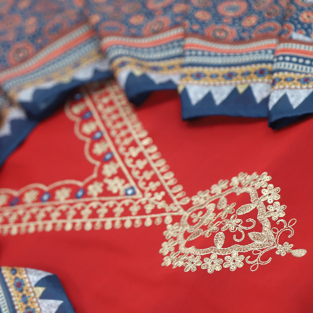 Takalluf Cherry Red V Neck Modal Top with Printed Crispy Chiffon Dupatta