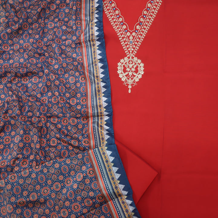 Takalluf Cherry Red V Neck Modal Top with Printed Crispy Chiffon Dupatta