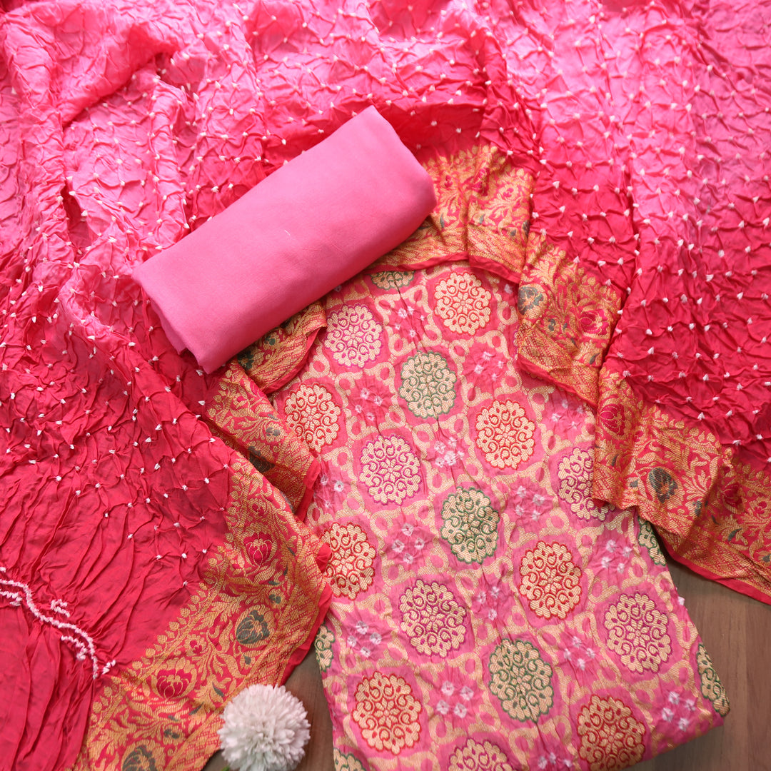 Nirvi Bubblegum Pink All Over Bandhej Work Crepe Silk Set