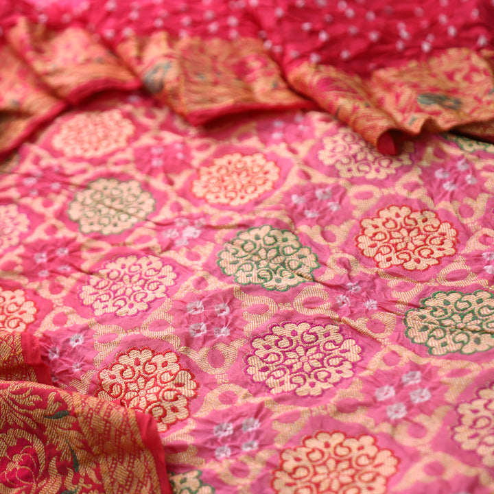 Nirvi Bubblegum Pink All Over Bandhej Work Crepe Silk Set