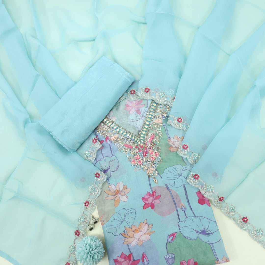 Bandegi Aqua Blue V Neck Muslin Top and Organza Dupatta