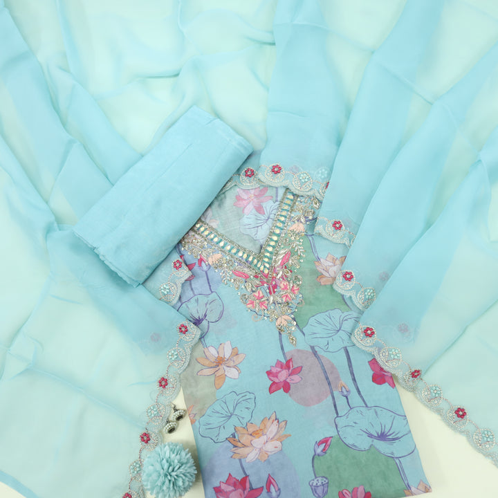 Bandegi Aqua Blue V Neck Muslin Top and Organza Dupatta