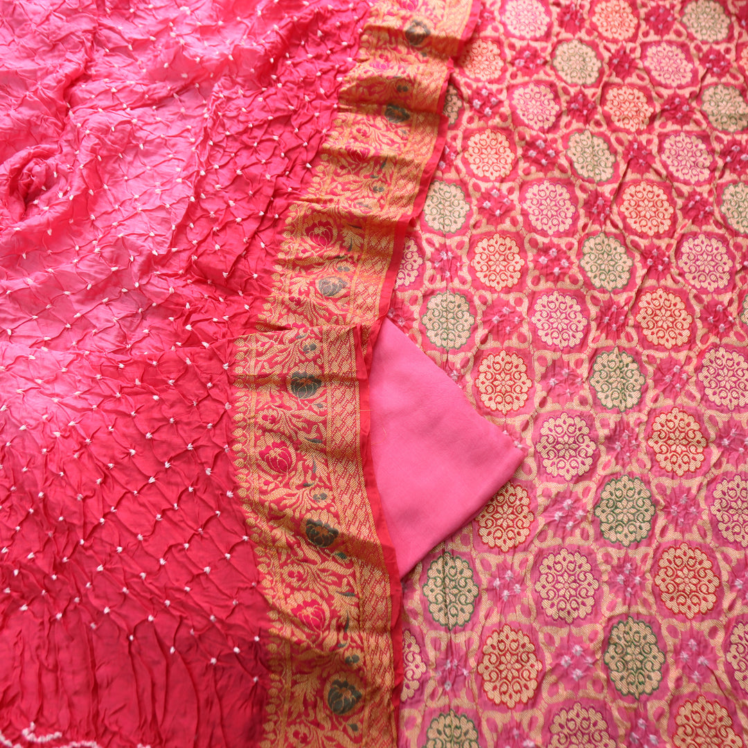 Nirvi Bubblegum Pink All Over Bandhej Work Crepe Silk Set