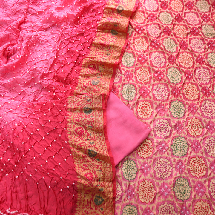 Nirvi Bubblegum Pink All Over Bandhej Work Crepe Silk Set