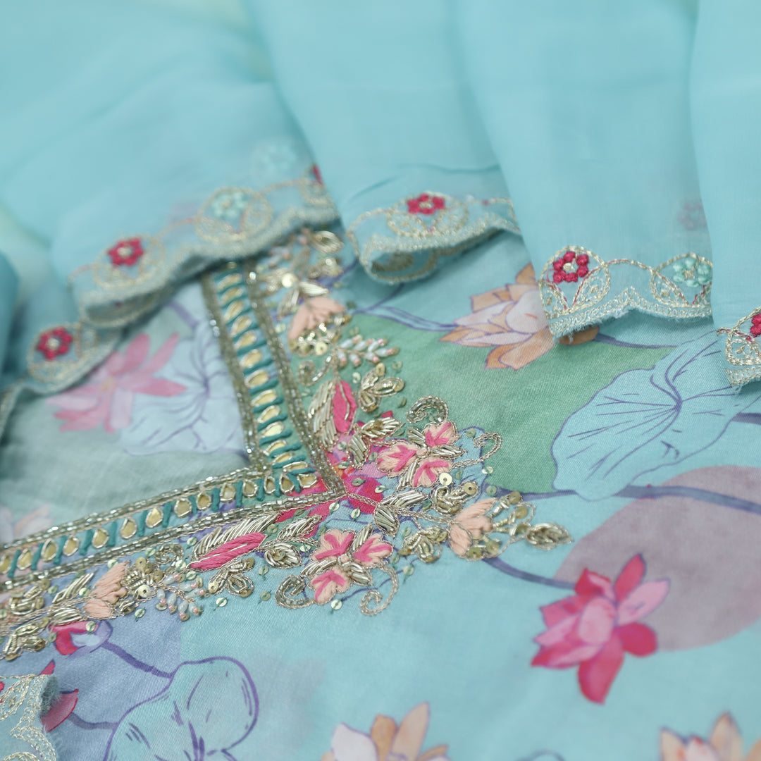 Bandegi Aqua Blue V Neck Muslin Top and Organza Dupatta