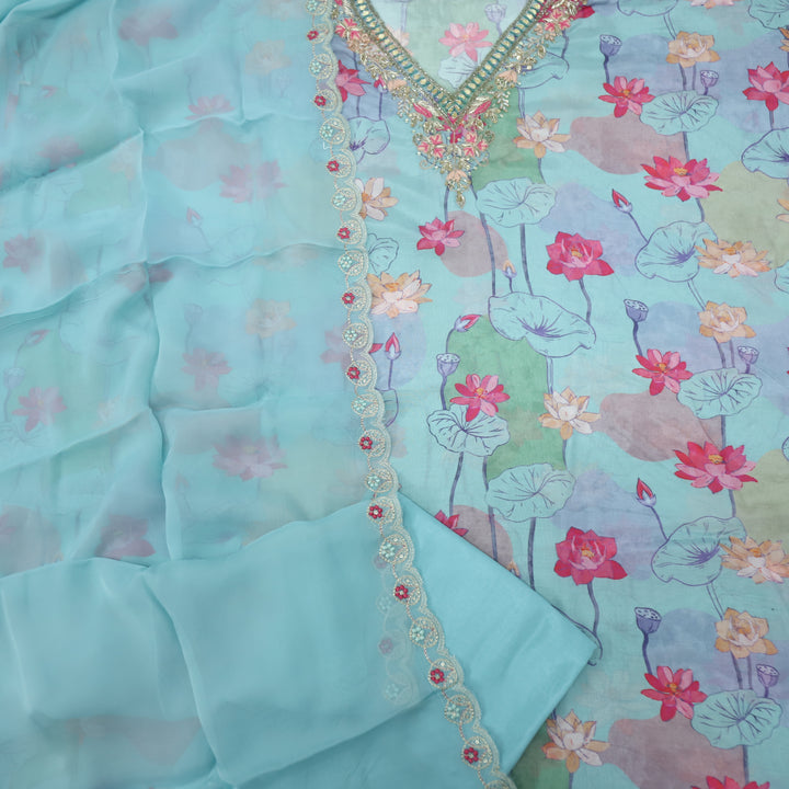 Bandegi Aqua Blue V Neck Muslin Top and Organza Dupatta