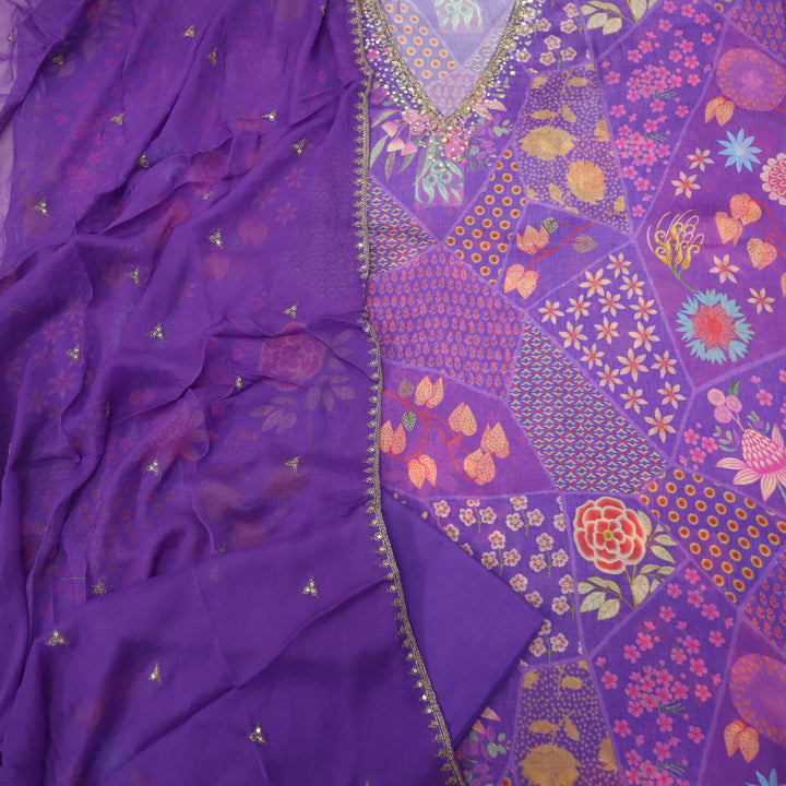 Aashna Orchid Purple V Neck Crepe Top with Chiffon Dupatta