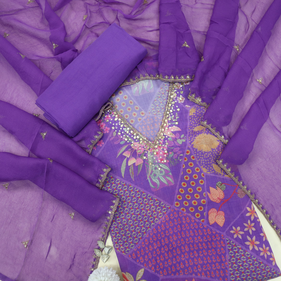 Aashna Orchid Purple V Neck Crepe Top with Chiffon Dupatta