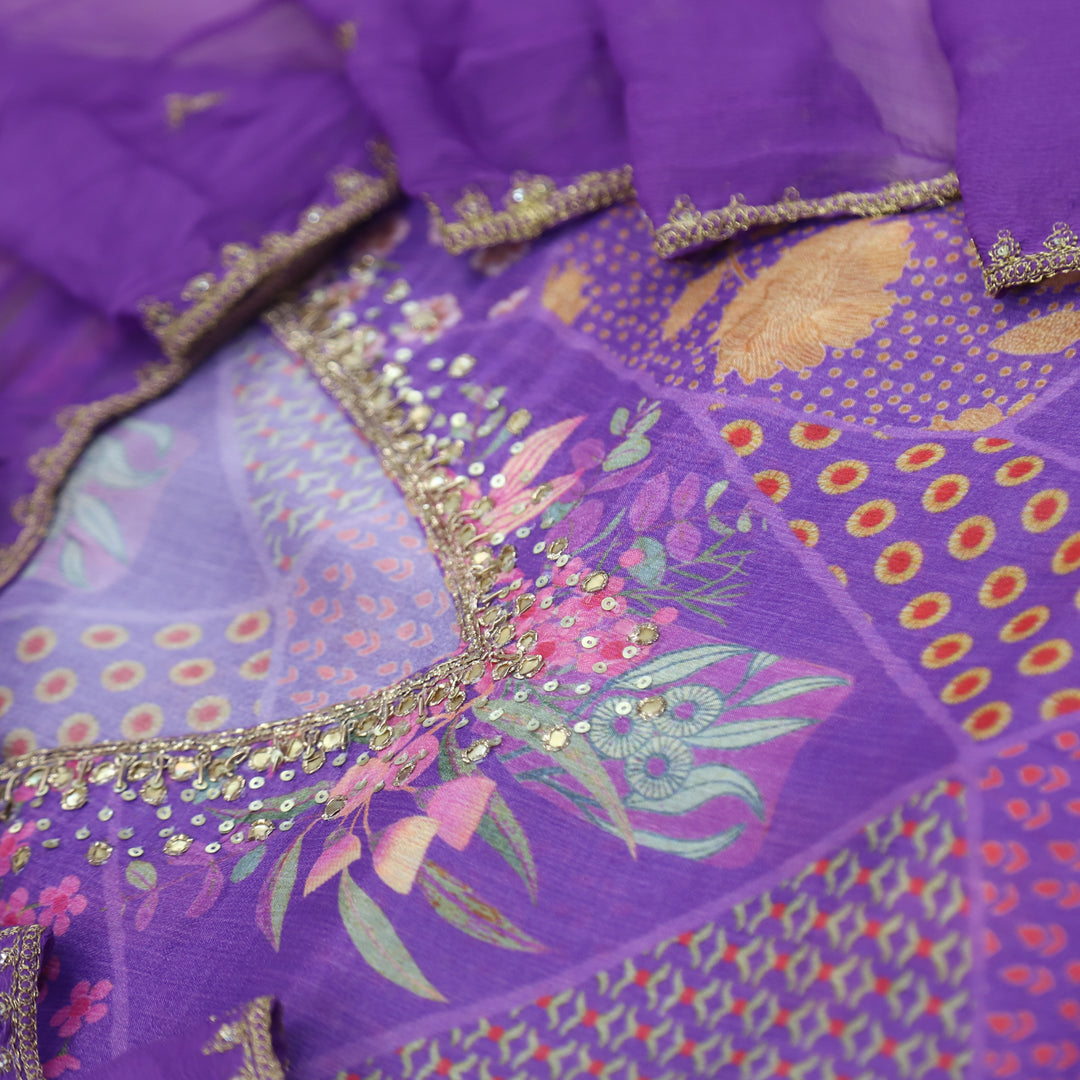 Aashna Orchid Purple V Neck Crepe Top with Chiffon Dupatta