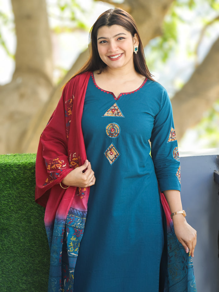 Roohi Cerulean Blue Round Applique Patch Neck and Sleeve Cotton 3 Piece Set