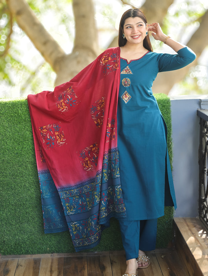 Roohi Cerulean Blue Round Applique Patch Neck and Sleeve Cotton 3 Piece Set