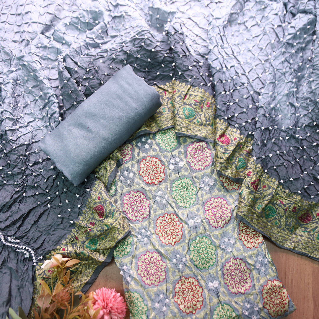 Nirvi Slate Grey All Over Bandhej Work Crepe Silk Set