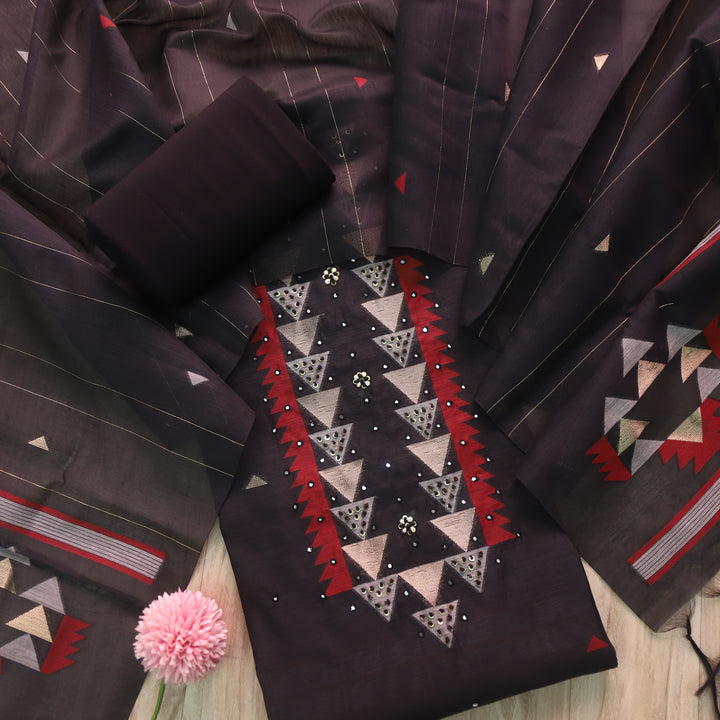 Raajhan Ebony Black Zari and French Knot with Authentic Jamdani Weaved Suit Set