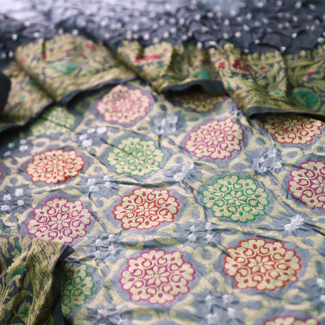 Nirvi Slate Grey All Over Bandhej Work Crepe Silk Set