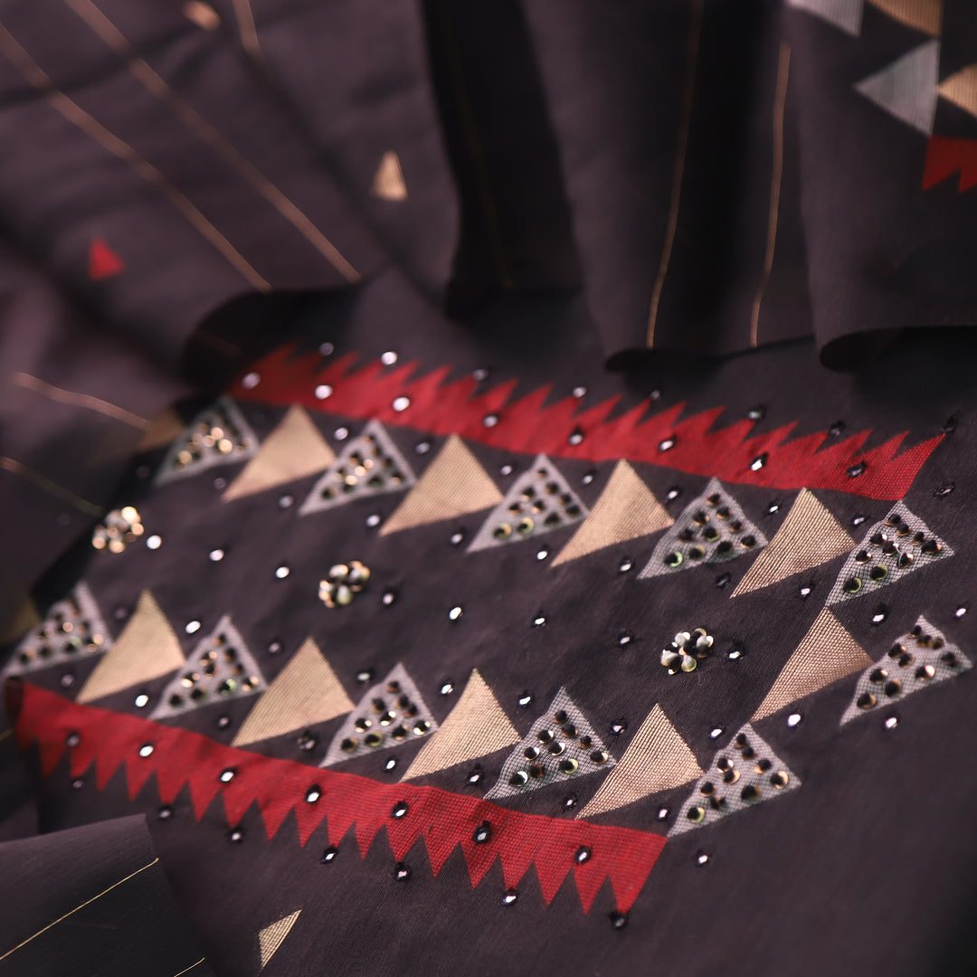 Raajhan Ebony Black Zari and French Knot with Authentic Jamdani Weaved Suit Set