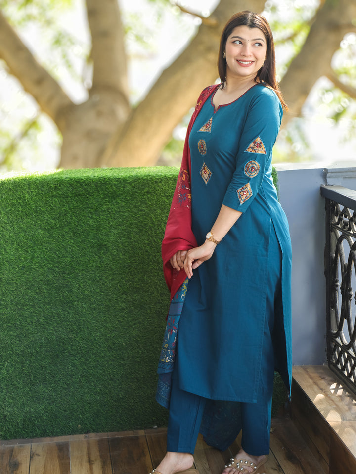 Roohi Cerulean Blue Round Applique Patch Neck and Sleeve Cotton 3 Piece Set