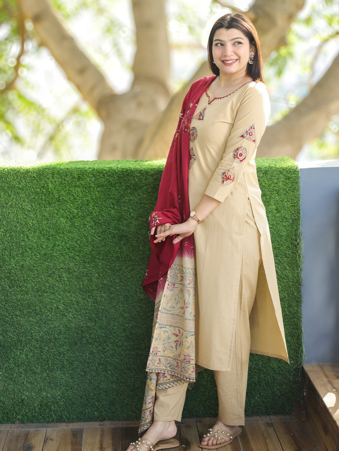 Roohi Skin Beige Round Applique Patch Neck and Sleeve Cotton 3 Piece Set