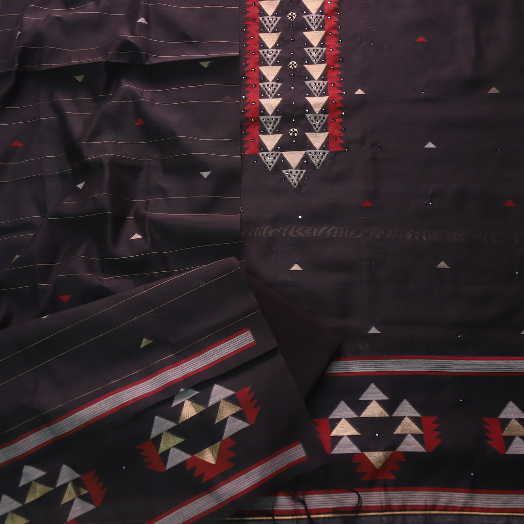 Raajhan Ebony Black Zari and French Knot with Authentic Jamdani Weaved Suit Set