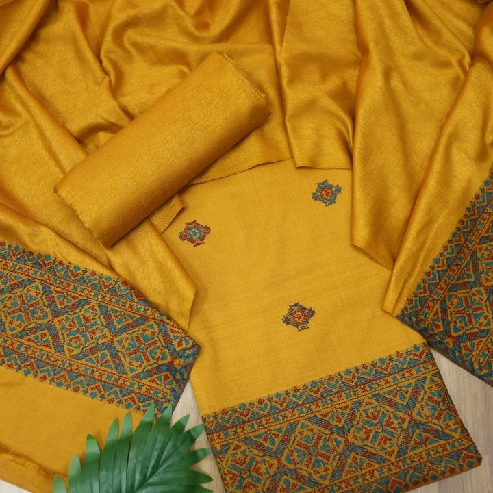 निकुंज Dijon Yellow Kullu Thread Weaved Hem Semi Pashmina Winter Suit Set