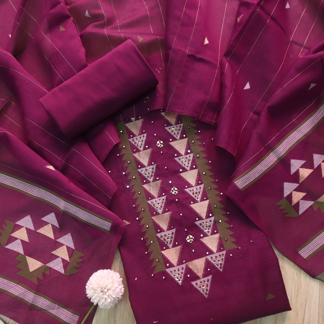 Raajhan Wine Purple Zari and French Knot with Authentic Jamdani Weaved Suit Set