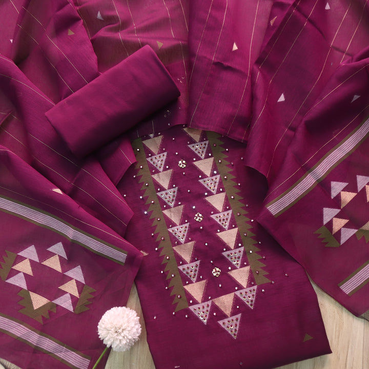 Raajhan Wine Purple Zari and French Knot with Authentic Jamdani Weaved Suit Set