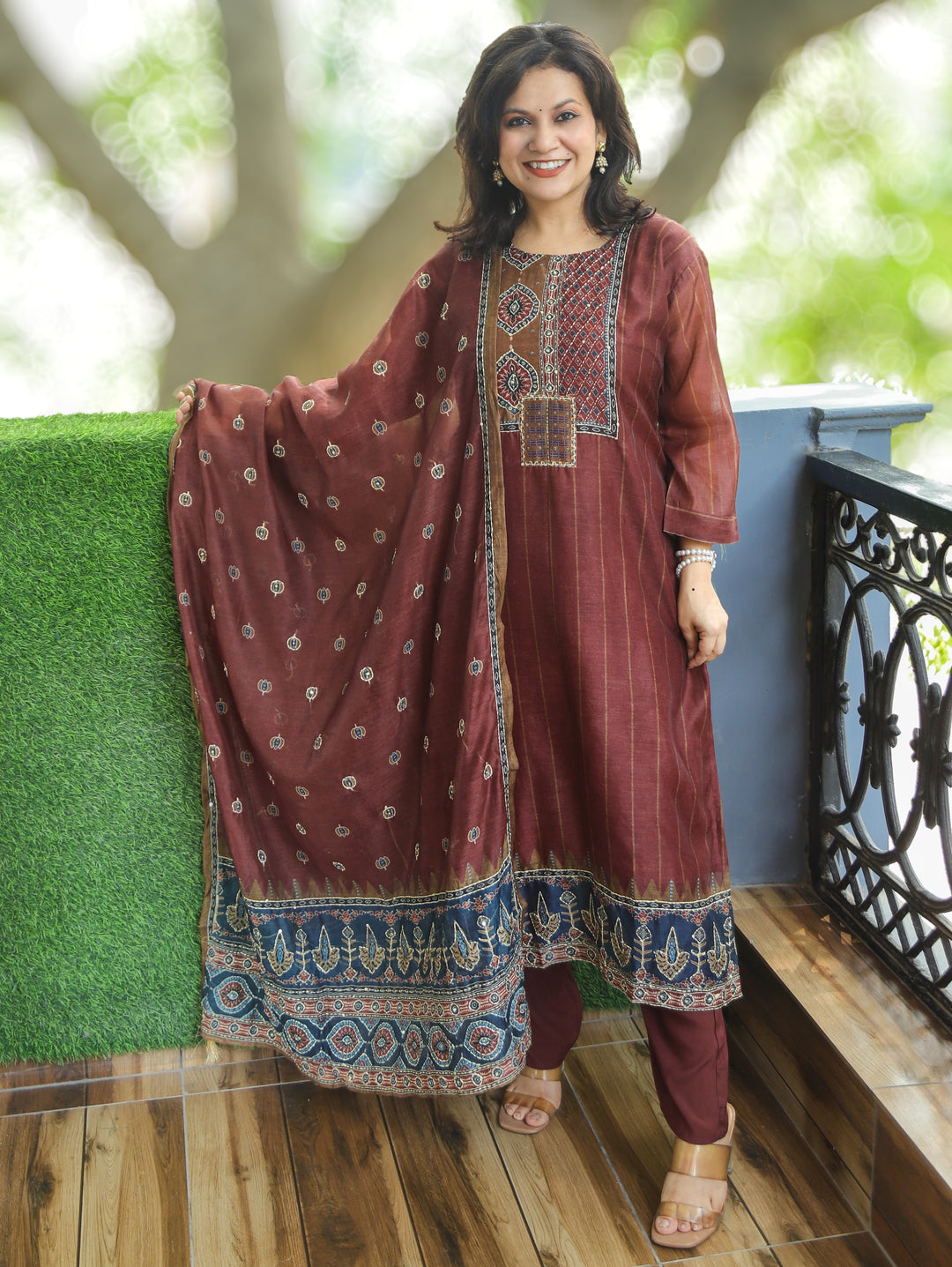 Elisha Barn Maroon Kantha Embroidered Chanderi 3 Piece Set