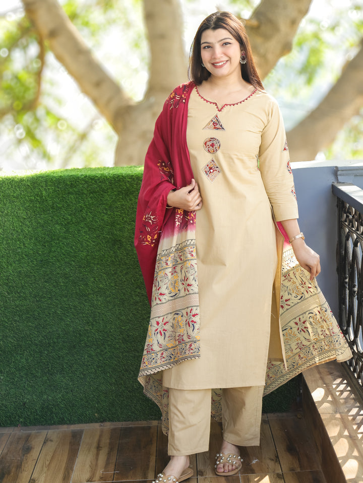 Roohi Skin Beige Round Applique Patch Neck and Sleeve Cotton 3 Piece Set