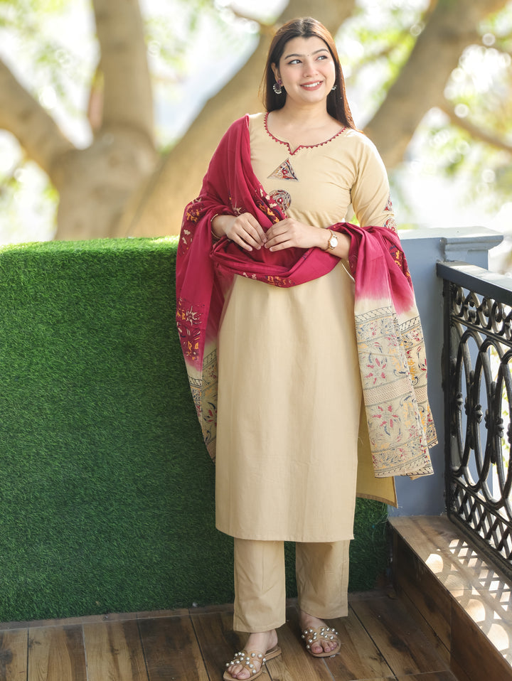 Roohi Skin Beige Round Applique Patch Neck and Sleeve Cotton 3 Piece Set