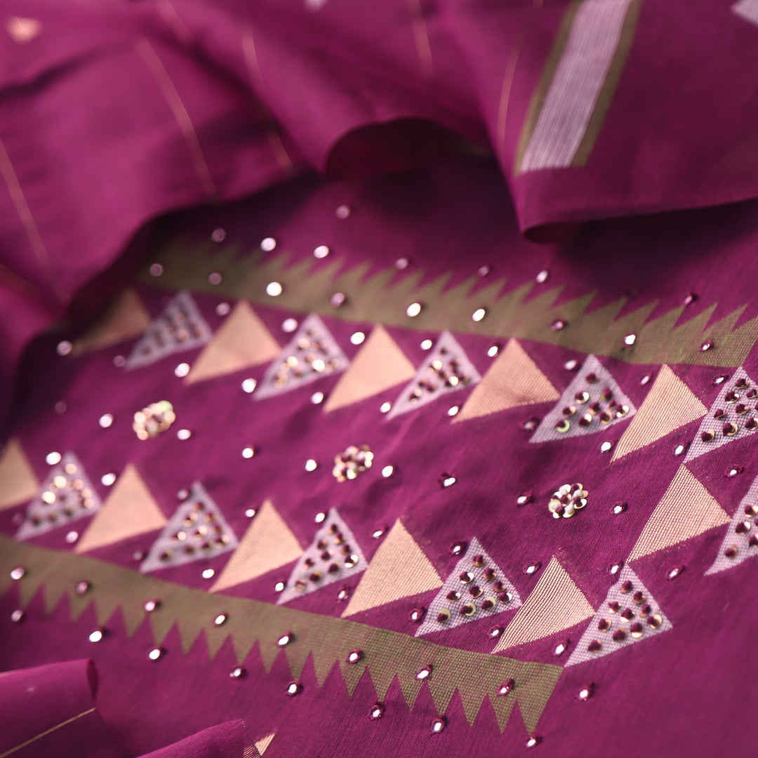 Raajhan Wine Purple Zari and French Knot with Authentic Jamdani Weaved Suit Set