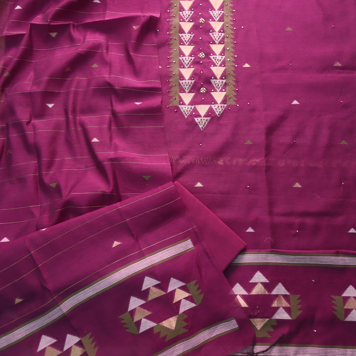 Raajhan Wine Purple Zari and French Knot with Authentic Jamdani Weaved Suit Set
