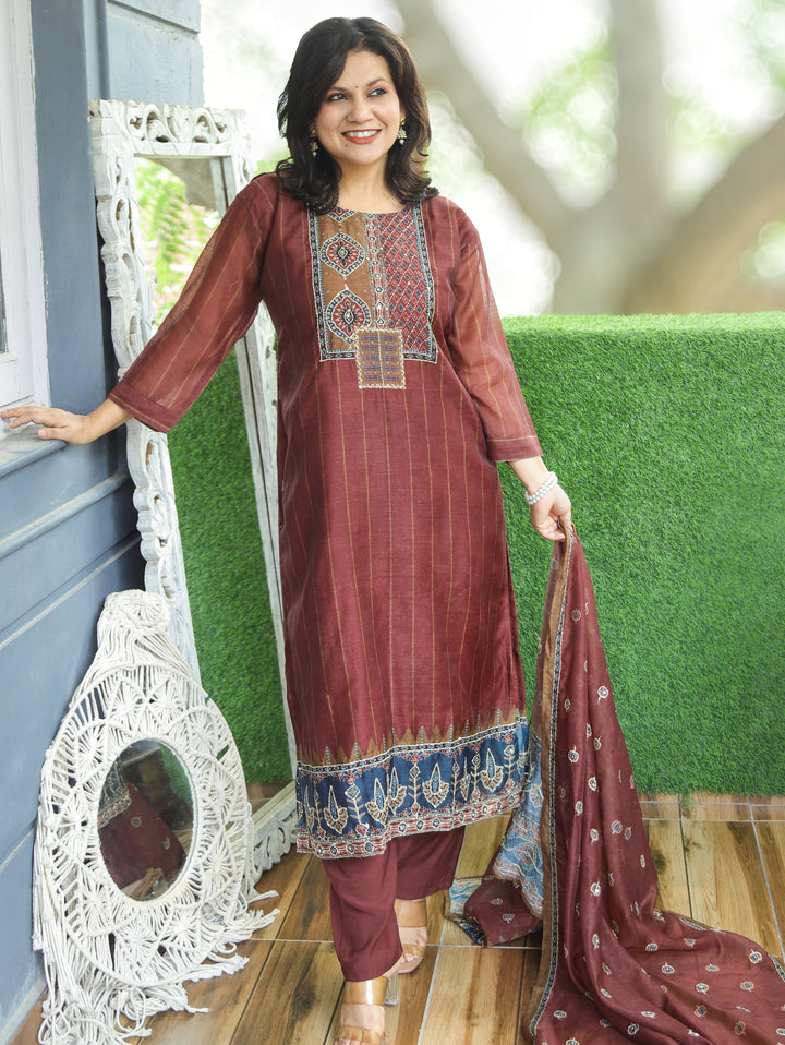 Elisha Barn Maroon Kantha Embroidered Chanderi 3 Piece Set